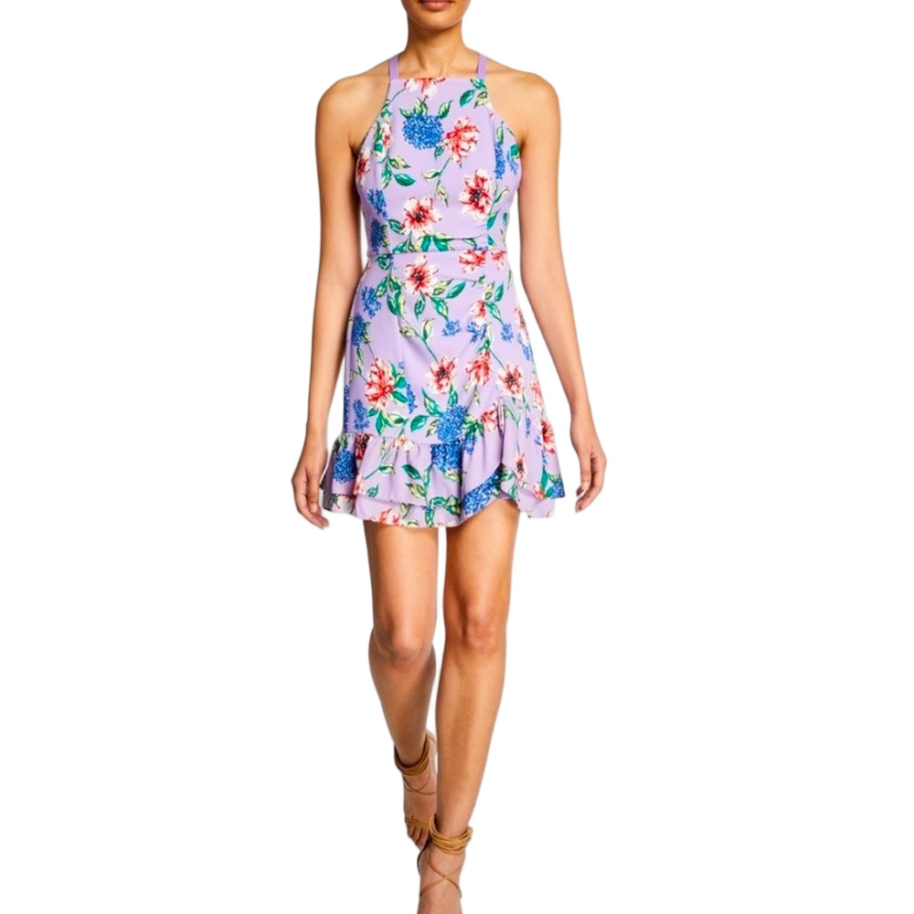 Parker Amina Purple Floral-Print Mini Halter Dress size Pop